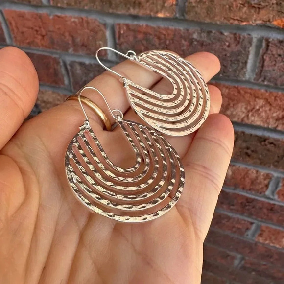 Gold Hammered Crescent Hoop Earring - Picture 13 of 16